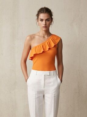 LOFT One-Shoulder Ruffle Tank Top in Bright Orange